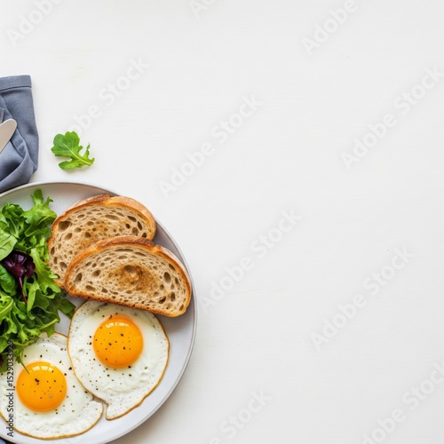 Classic breakfast of sunny-side up fried eggs with toast and a fresh arugula salad, arranged in a minimalist flat lay
