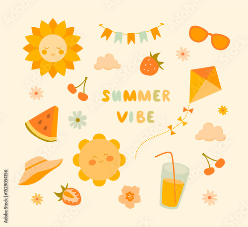 Fun collection with summer atmosphere in warm yellow, beige, red tones. Cheerful smiling suns, slice of watermelon, juice in a glass, kite, sunglasses. Great for stickers, packaging, pin, kids print