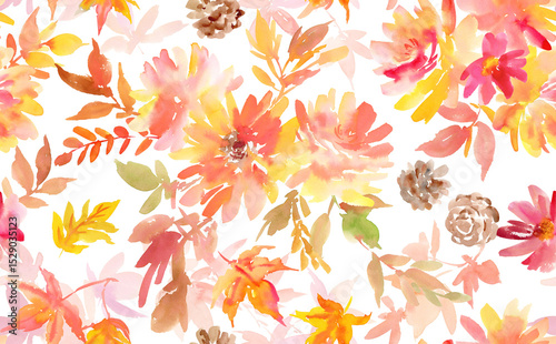 Fototapeta Naklejka Na Ścianę i Meble -  PNG seamless pattern of abstract autumn leaves, flowers painted in watercolor. Hand-drawn dahlias, autumn leaves and sunflower textile design for Thanksgiving. Wallpaper with dahlias, sunflowers.