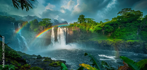A rainbow over a waterfall surrounded by lush vegetation