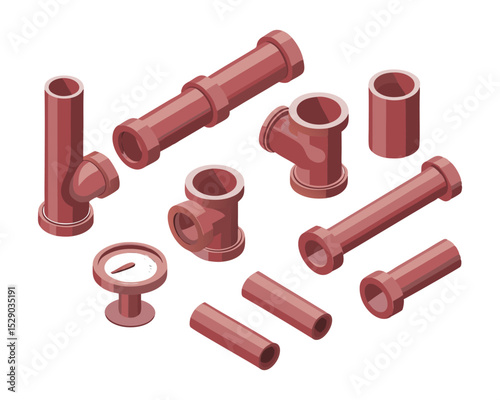 Vector illustration of industrial red steel pipes with valves and connectors for water, gas, and oil systems in isometric style.