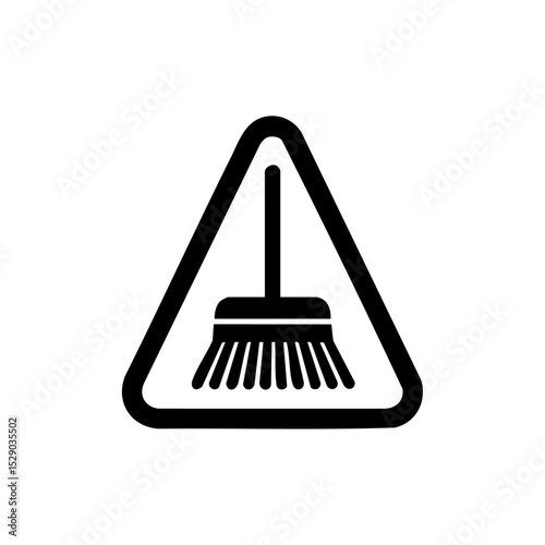 Warning triangle icon with mop symbol, indicating cleaning in progress. Minimalist vector of a hazard sign for wet floor or janitorial caution.



