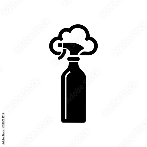 Spray bottle with cloud mist icon, symbolizing cleaning or disinfection action. Minimalist black sprayer vector representing freshness, aroma, or sanitization.



