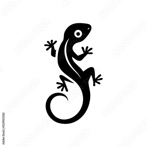 Minimalist black gecko icon with smooth curves and stylized limbs, ideal for wildlife or pet branding.

