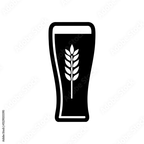 Minimalist vector of a pint glass filled with beer, featuring a wheat icon to indicate craft or grain brew. Black and white beer icon with frothy top and barley symbol, ideal for brewing branding.

