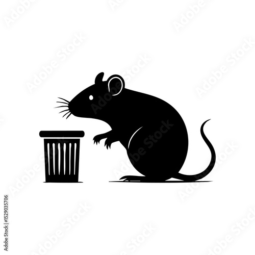 Vector logo of a rat sniffing a garbage bin in minimalist style. Urban pest and waste management concept vector.



