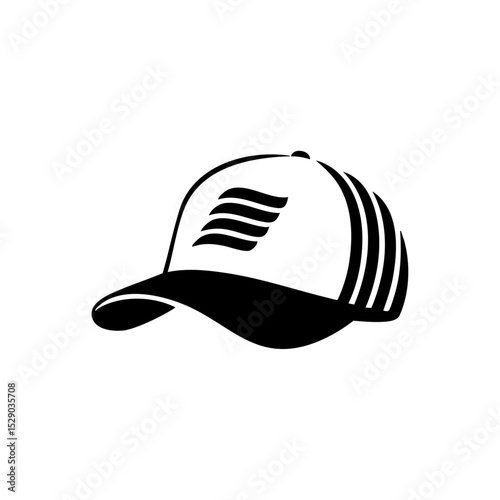 Minimalist vector logo of a vintage baseball cap with stylized stripes.

