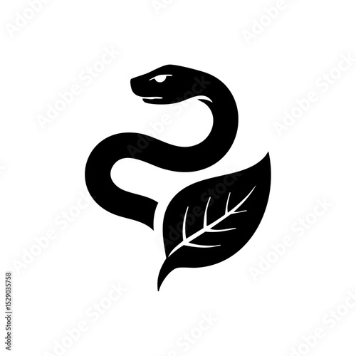 Stylized serpent coiled with a leaf representing medicine and nature. Minimalist symbol of natural healing, herbal remedies, and toxic plants.



