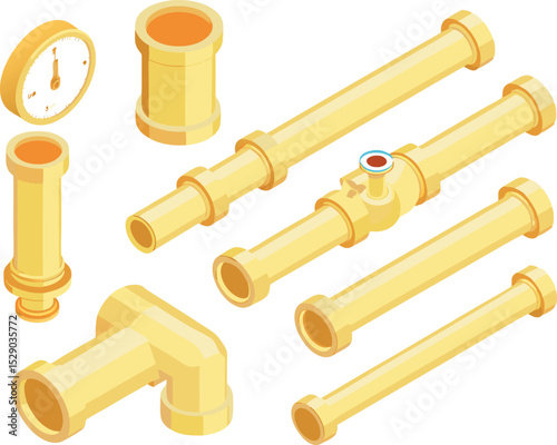 Detailed isometric illustration of yellow gas piping components—valves, joints, and connectors—designed for industrial or factory system planning.