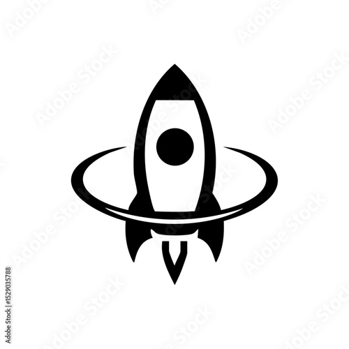 Minimalist black vector of a rocket ship encircled by an orbit ring. Futuristic space capsule icon representing launch and innovation.




