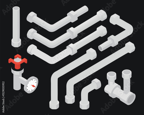 Isolated isometric illustration of industrial steel pipes with valves and connectors used for water, gas, and oil transport systems.
