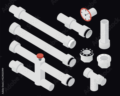 Vector set of isometric steel piping components with valves and joints, designed for industrial water, gas, and oil distribution.