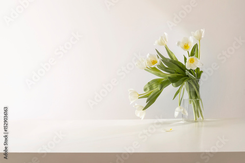 white tulips in glass vase in white interior