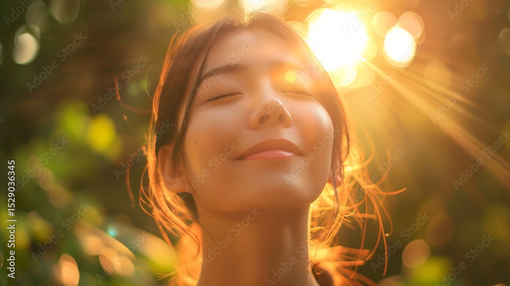 Fototapeta premium A serene portrait of a woman basking in warm sunlight with a peaceful expression, surrounded by lush greenery, capturing the essence of nature and tranquility.