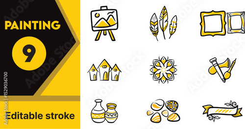 Nine unique hand drawn painting icons set