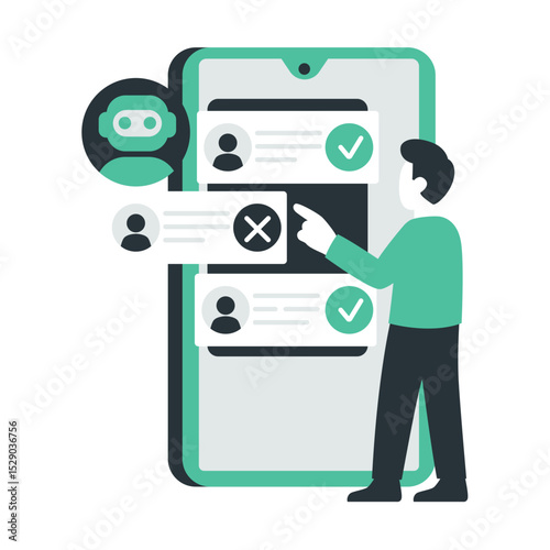 Man Reviewing Mobile App Notifications Digital Technology Flat Design Illustration