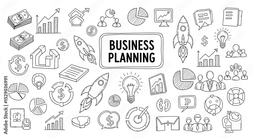 Business Planning Hand Drawn Doodle Set - Vector Strategy and Finance Icons