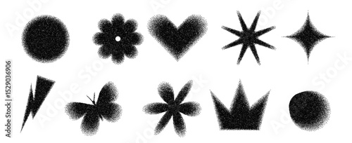 Geometric figures with grain noise gradient texture. Y2k retro stippling forms set. Heart, circle, star with flower icons on white background. Vector gritty monochrome gradation shapes illustration.
