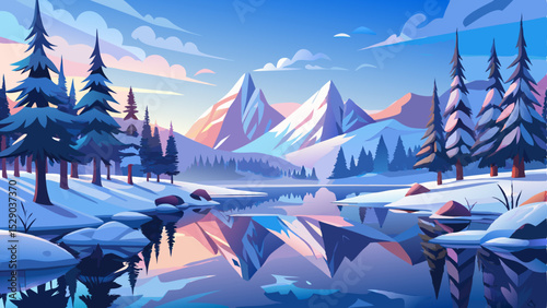 Peaceful winter landscape with snow-covered trees and mountains reflected perfectly in the calm, clear water. Serene and frosty scenery with soft light creating a magical and tranquil atmosphere
