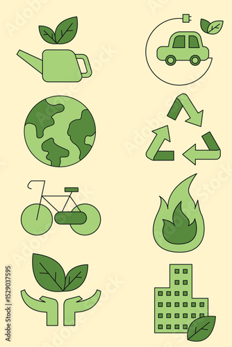 Flat environment icons for renewable resources and pollution reduction