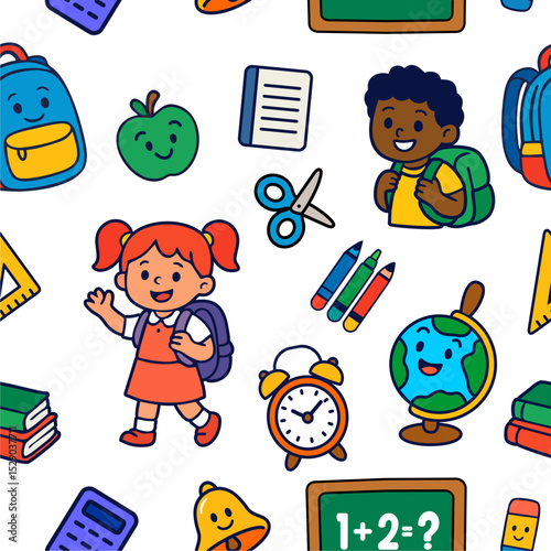Seamless pattern of cartoon clipart on the theme of back to school