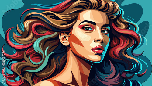Profile of a beautiful woman with shiny wavy hair cascading over her shoulder. Her curly hairstyle speaks fashion, while the model girl radiates modern beauty with cosmetics and natural makeup