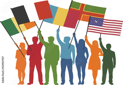 Silhouettes of people holding various national flags in a demonstration or celebration event scene