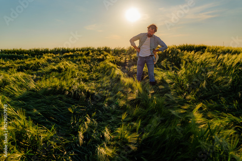 Concerned farmer assessing damage in a barley field, witnessing flattened crops from excessive rain and strong winds under the setting sun