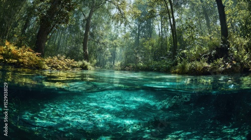 Crystal-clear river flows through a lush green forest.  Perfect for travel, nature, and environmental projects. Ideal for websites, brochures, and advertising.