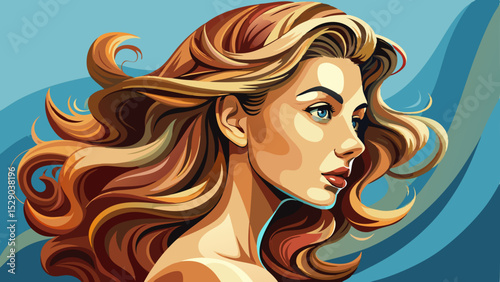 Profile of a beautiful woman with shiny wavy hair cascading over her shoulder. Her curly hairstyle speaks fashion, while the model girl radiates modern beauty with cosmetics and natural makeup