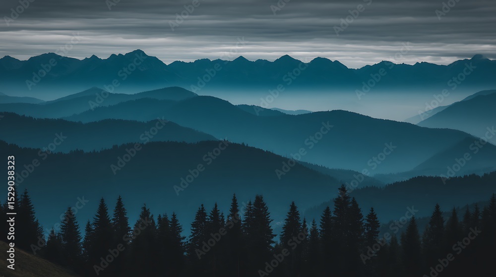 Obraz premium Blue mountain range and misty forest