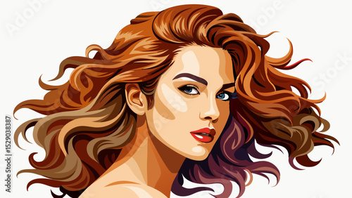 Profile of a beautiful woman with shiny wavy hair cascading over her shoulder. Her curly hairstyle speaks fashion, while the model girl radiates modern beauty with cosmetics and natural makeup