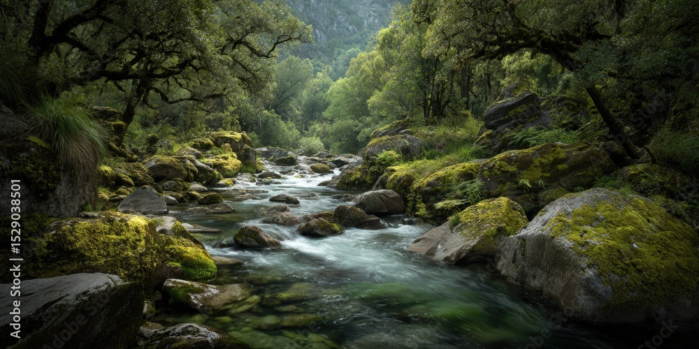 Serene forest river scene with moss-covered rocks. Perfect for travel, nature, and environmental projects. Ideal for websites, brochures, and social media. Serene forest river scene with moss-covered rocks. Perfect for travel, nature, and environmental projects. Ideal for websites, brochures, and social media.