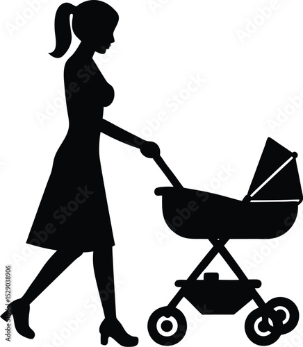 Single mother pushing stroller silhouette isolated on transparent background