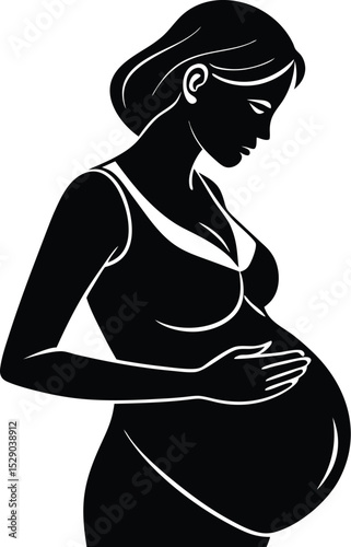 Pregnant woman touching belly silhouette isolated on transparent background