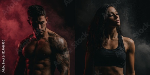Powerful fitness image of a muscular man and woman. Dramatic lighting and smoky background. Ideal for fitness, health, and sports marketing.  Great for websites, print, and social media. photo