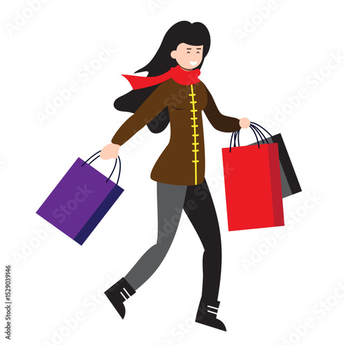 A female in hurry brings shopping bags