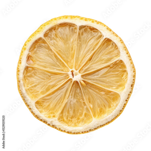 Dried lemon slice isolated on a clean white background showcasing natural texture and vibrant color
