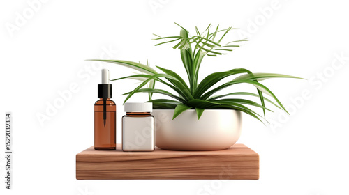Still life of plant in white pot with bottle and jar on wooden platform