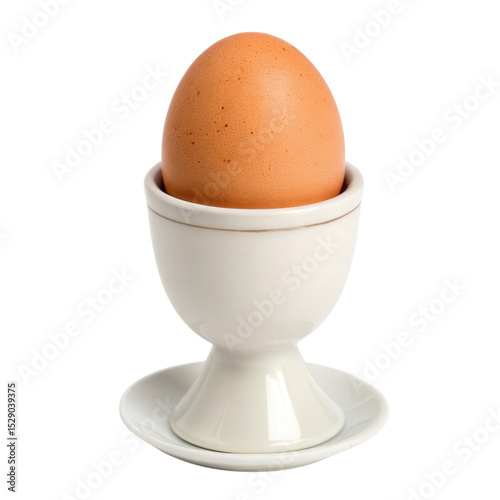 Egg nestled in a white ceramic egg cup against a plain white background for a minimalist display
