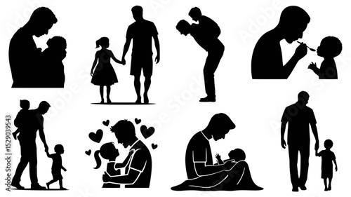 Happy father's day vector set,Father and child silhouette icons showing emotional bonding moments