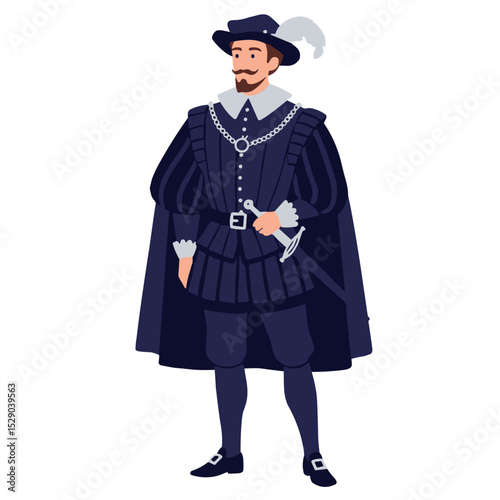 A courtier in Renaissance costume standing proudly with a confident posture