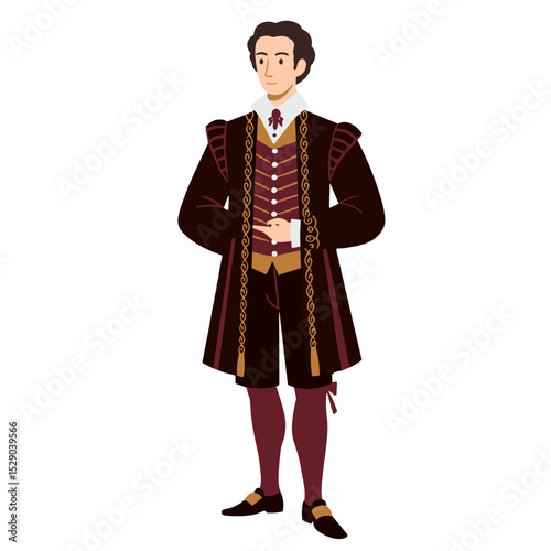 Renaissance character in elaborate costume standing on transparent background  