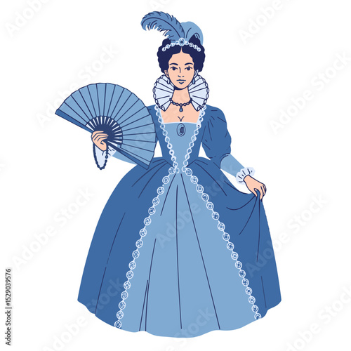Young woman in Renaissance costume holding a fan on transparent background  