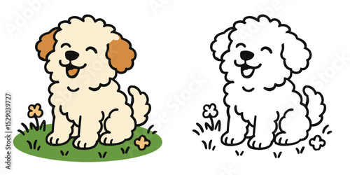 Coloring Book For Kids Cartoon Fluffy dog enjoying meadow Outline Vector Design