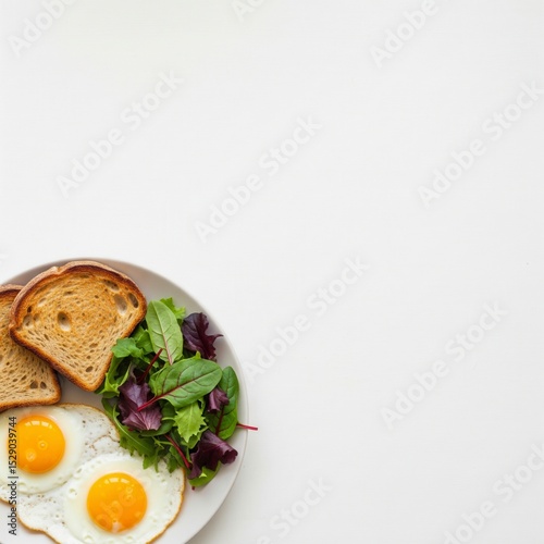 Classic breakfast of sunny-side up fried eggs with toast and a fresh arugula salad, arranged in a minimalist flat lay
