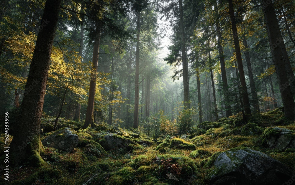 Naklejka premium Enigmatic autumn forest scene. Sunlight streams through misty trees, illuminating mossy rocks. Ideal for nature documentaries, game backgrounds, and advertising. Perfect for commercial use.