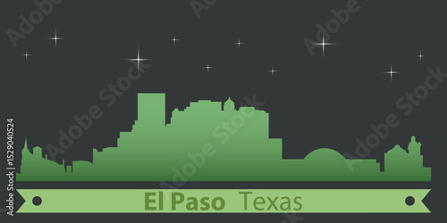 stylized night skyline of El Paso, Texas with green silhouette of buildings on a dark background against the sky with several stars and green ribbon for text