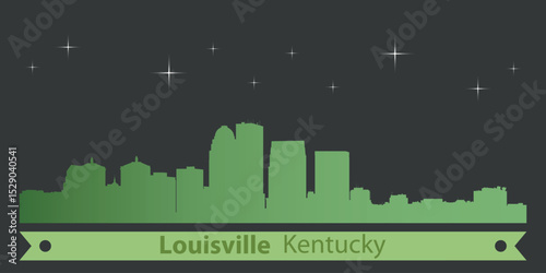 stylized night skyline of Louisville, Kentucky with green silhouette of buildings on a dark background against the sky with several stars and green ribbon for text