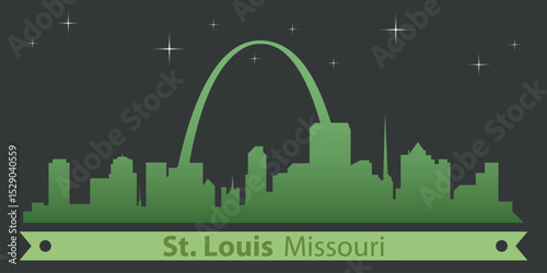stylized night skyline of St. Louis, Missouri with green silhouette of buildings on a dark background against the sky with several stars and green ribbon for text
